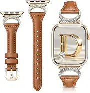 Calina Leather Band fits Apple Watch Band for Woman 46mm 45mm 44mm 42mm(Series 3 2 1) 49mm Series SE 10 9 8 7 6 5 4 3-1 Ultra, Thin Bracelet for Apple Watch Strap, Dressy Diamond iWatch Band-Rose Gold