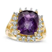 Cushion-Cut Amethyst and 0.10 CT. T.W. Natural Diamond Starburst Frame Ring in Solid 10K Yellow Gold