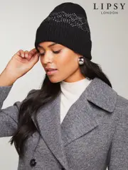 Lipsy Black Gem Cosy Embellished Beanie Hat With Wool (E10607) | $16