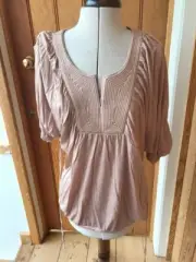 warehouse floaty corded yoke blouse beige gold viscose jersey uk 12 bnwt