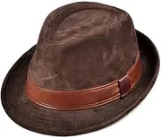 [HAMKVBPR] Men's Leather Hat Men's Leather Fleece Frosted Brown Fedora Gentleman's Cap Jazz Hat Autumn and Winter(Brown,60 cm)