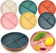 Portion Control Plate 9Inch 6 Pcs， Round Divided Plates for Kids Adults，3 Compartment Plates Reusable,Microwave and Dishwasher Safa