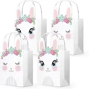 WEEPA 16 Pcs Happy Easter Bunny Paper Goodie Bags with Handles Cute Cartoon Rabbit Gift Bags for Easter Egg Hunt Party Favors
