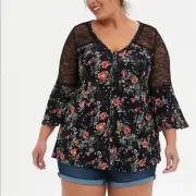 Torrid Bell Sleeve Top Super Soft Floral Black 2X NWT