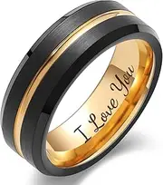 [LerchPhi] 6MM 8MM Black Mens Wedding Band Center Grooved Beveled Edge, Custom Engraved Tungsten Rings for Men, Promise Rings for Him and Her