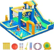 Bounce House Water Slide, 10 in 1 Inflatable Water Slide for Kids, Water Park with Blower, Water Gun, Jumping, Circle,Climbing Wall, Basketball Hoop, Blow Up Water Slides Backyard Outdoor Indoor
