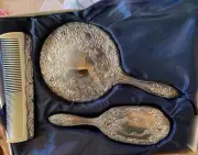 Vintage Silver Plated Vanity Dresser 3 Piece Set Hair Brush, Comb, Mirror