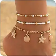 [SKYFUN] Ankle Bracelets for Women Stretch Boho Pearl Bead Gold Anklets Layered Sequins Foot Chain Hawaiian Beach Conch Summer Vacation Travel Foot Jewelry