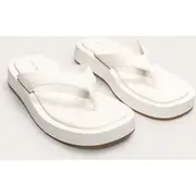 White Pu Round Toe Thong Flatform Sandals, White