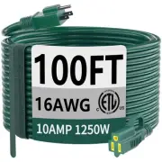Indoor Outdoor Green Extension Cord 100 ft Waterproof, 16/3 Gauge Flexible Co...