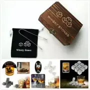 9 Gray White Whisky Stones Chilling Cold Wine Rocks Ice Cubes Pouch Wooden Box