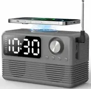 15W Fast Wireless Charger with Bluetooth Speaker and Alarm Clock Radio,4 in1 Wireless Charging Station for Phones with FM Radio for Bedroom, Grey