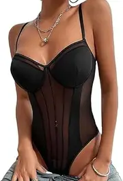 [Generic] Women's Sexy Sleeveless Mesh Bodysuit Sweetheart Neck Backless Patchwork Leotard Top