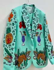 Men Green 2Pc Bespoke Leopard Embroidered Nudie Western cowboy Cocktail Outfit
