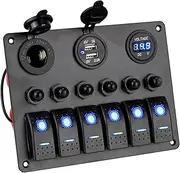 Marine Switch Panel 6 Gang ON Off Rocker Switch Panel 12V Voltmeter Dual USB Charger Cigarette Lighter Socket with Night Glow Stickers Boat Rocker Switch for Boats RVs Trucks Cars（Blue)