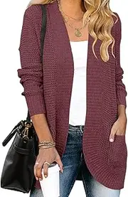 [YIBOCK] Womens Long Sleeve Open Front Waffle Chunky Knit Cardigan Sweater Outwear with Pockets