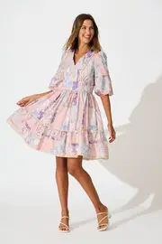 Samira Dress Half Sleeve in multicolor Blush Multi Patchwork with Lace Trim 8