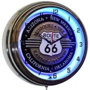 16" U.S. Route 66 Embossed Sign Neon Clock Garage Man Cave Decor (Blue)