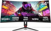 KTC 34'' Curved Ultrawide Gaming Monitor, 21:9, 3440x1440p 165Hz 1ms, 1500R Curved Monitor, Freesync G-sync, Picture by Picture, PIP, Height/Tilt/Swivel/Pivot, Vesa
