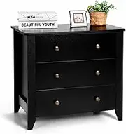 Costway 3-Drawer Wooden Dresser, Chest of Drawers with 3 Drawers & Round Metal Knobs, Mid-Century Modern Dresser for Bedroom, Living Room, Kids Room (Black)