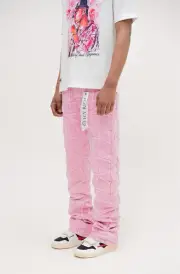 Flared Men’s Pink Stacked Denim Jeans – Streetwear Patch Work Design Size: 40