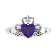 1.55 Irish Celtic Claddagh Natural Amethyst Promise Wedding Ring 14k White Gold