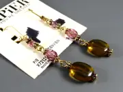 NWT VTG Napier Dangle Earrings GARDENVIEW Gold Tone AMBER & PURPLE CRYSTAL BEADS