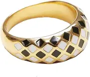 [Shapes Studio] 18K Gold Plated Titanium Checker Dome Ring. Vintage Styled Women Checkered Ring, Stackable Ring