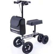 EQUIPMED Knee Scooter Walker 10 inch Tyres Dual Brakes Bag - Broken Leg Ankle Foot Mobility - Titanium colour