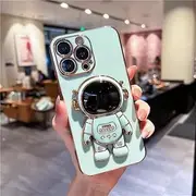 Folding Cartoon Astronaut Stand Phone Case for iPhone 11 12 13 14 Pro Mini XR XS Max Soft Plating Frame Cover on SE2 6 7 8 Plus,Lighht Green Case,for iPhone 6s