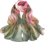[Bullidea] Silk Scarf Women's Elegant Long Floral Printing Chiffon Scarf Beach Thin Shawl Wrap Green