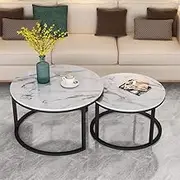 Contemporary Coffee Table Set, Modern Faux Marble-Look Top End Table Set, Home Living Room Furniture, White and Black,Φ60/70/80cm