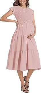 [XFAK] Flutter Short Sleeve Maternity Summer Dress, Smocked Casual Boho Tiered Dress for Baby Shower Photoshoot