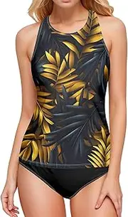 [AIXIWAWA] Gold Palm Leaf Women's Tankini Tops, Swimsuit Top for Beach Pool Vacation S