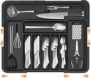Xkimos Larger Cutlery Drawer Organiser with 9 Compartments, 3-sided Expandable Kitchen Drawer Organiser, Non-Slip Utensil, Large Drawer Organizer for Spoons, Forks and Knives (Black)