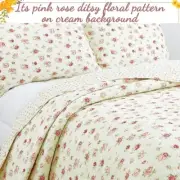 NEW! ~ COTTAGE SHABBY CHIC CREAM WHITE PINK RED GREEN ROMANTIC ROSE QUILT SET