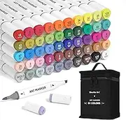 Alcohol Markers Brush Tip, 50 Colours Dual Tip Art Pens Plus 1 Colourless Blender, Brush & Chisel Felt Tip Pens with Case for Artists Adult Illustration Colouring Sketching Drawing