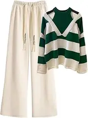 [Generic] Women's Sweater Suit Striped Hollow Knit Sweater Tops And Wide Leg Pants 2 Piece Set Female Tracksuits Lounge Sets