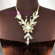 Gold Deco Mesh Lace Lotus Flower Scrollwork Collar Necklace w Swarovski Crystals