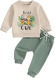 [Canis] Toddler Baby Boys 1st 2nd Birthday Outfit Wild One/Two Wild Safari Jungle Zoo Animal Sweatshirt and Pants Set