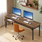 OAKORY Rustic Brown Writing Desk, Writing Table 200cm L x 60cm W x 82cm H Double Desk Design with Durable E0 Board & Thickened Metal Frame