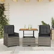 3 Piece Bistro Set with Cushions Grey Poly Rattan, Garden Furniture Sets