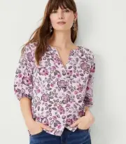 New Ann Taylor Purple Floral V-neck Raglan Sleeve Button Front Blouse Top S