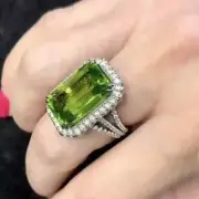 Lab-Created Peridot 5.0Ct Emerald Cut Halo Engagement Ring 14K White Gold Plated
