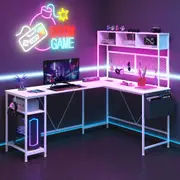 Advwin L Shaped Gaming Desk with LED Lights & Power Outlets Reversible Computer Desk Corner Study Table w/ Pegboard & Shelf White