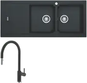 Franke Bali Double Bowl Sink with Left Hand Drainer and Verona Pull-Out Tap - Onyx