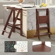Toddler Tower Foldable, Kitchen Step Stool Helper with Safety Railing & 3 Adjustable Heights, Standing Tower with Double-Sided Drawing Board, Montessori Kitchen Tower for Kids Learning (Walnut Brown)