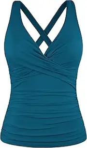 [Firpearl] Women Underwire Tankini Top Only Twist V Neck Swimsuits for Big Busted Ruched Tummy Control Bathing Suits Top, Blue Coral, 14