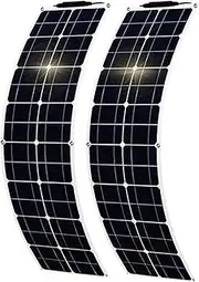 2Pcs100w Flexible Solar Panel,12V Monocrystalline Solar Cell Fiberglass Lightweight Bendable Charge for Trailer Boat Cabin Van Car Uneven Surfaces