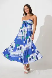 Blaise Midi Sundress Sleeveless in Blue with White Print 8